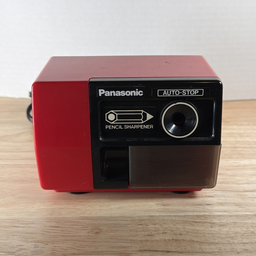 Panasonic Electric Pencil Sharpener Model No. KP-123 Red Auto Stop Vintage Japan